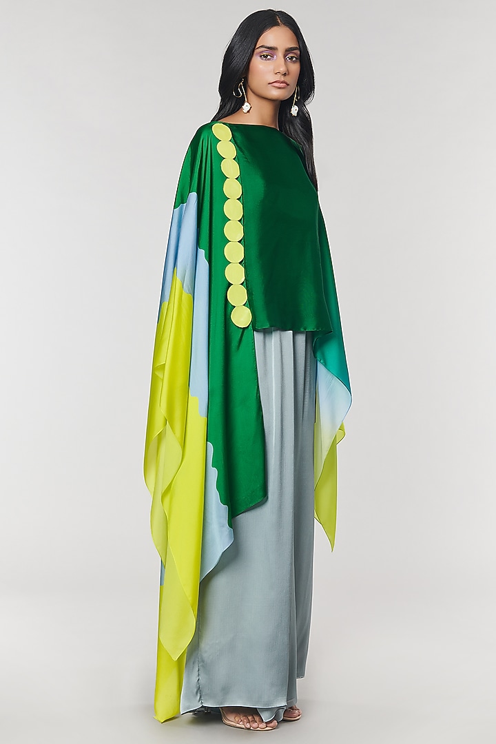 Green Ombre Printed Scalloped Detailed Cape by Amit Aggarwal X Wendell Rodricks at Pernia's Pop Up Shop