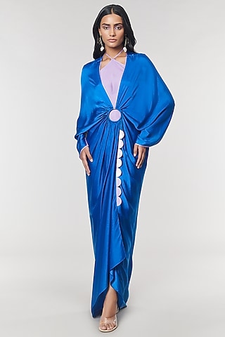 Blue Scalloped Detailed Ring Gown by Amit Aggarwal X Wendell Rodricks
