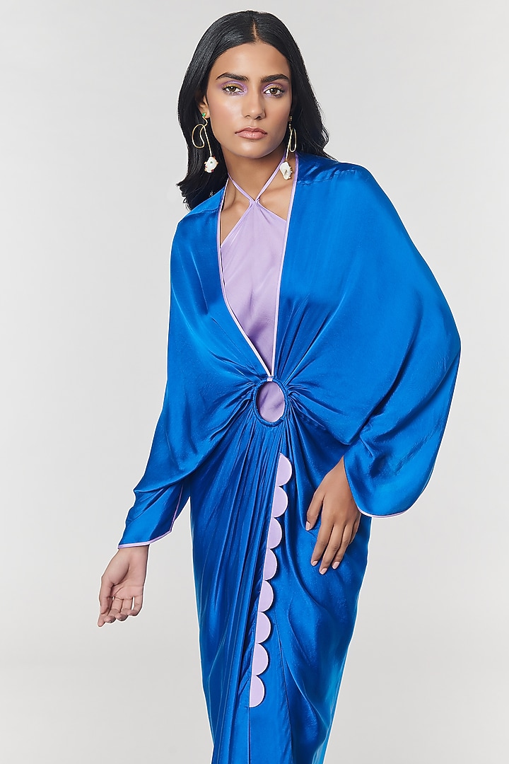 Blue Scalloped Detailed Ring Party Wear Gown by Amit Aggarwal X Wendell Rodricks at Pernia's Pop Up Shop