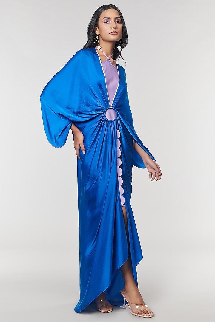 Blue Scalloped Detailed Ring Party Wear Gown by Amit Aggarwal X Wendell Rodricks at Pernia's Pop Up Shop
