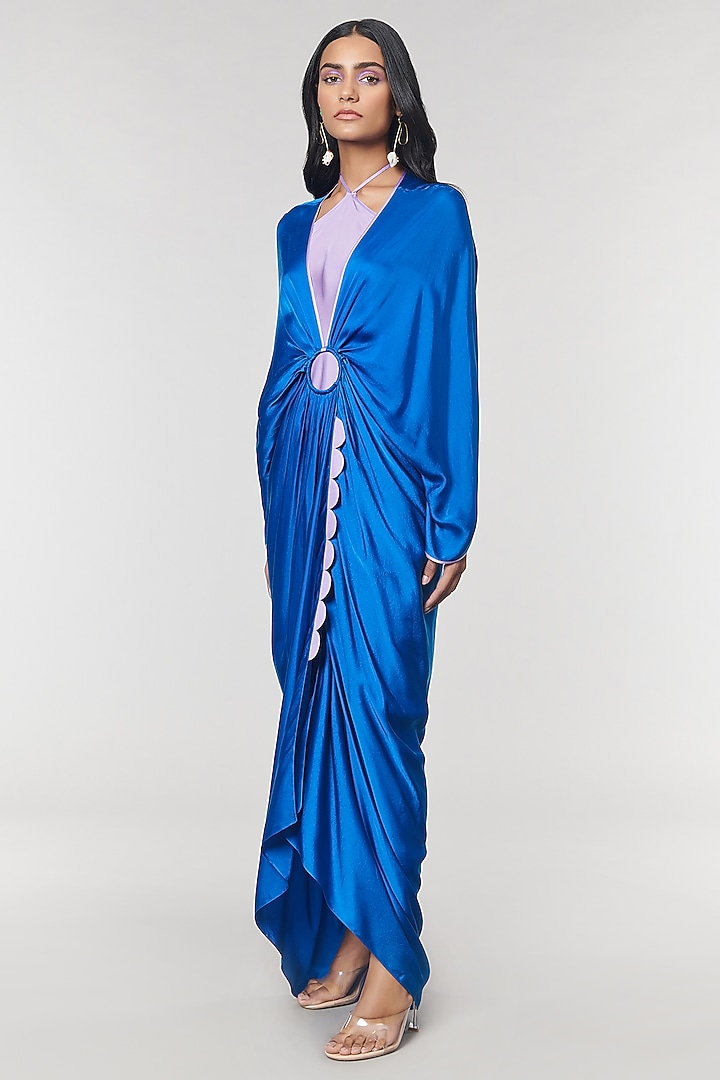 Blue Scalloped Detailed Ring Party Wear Gown by Amit Aggarwal X Wendell Rodricks at Pernia's Pop Up Shop