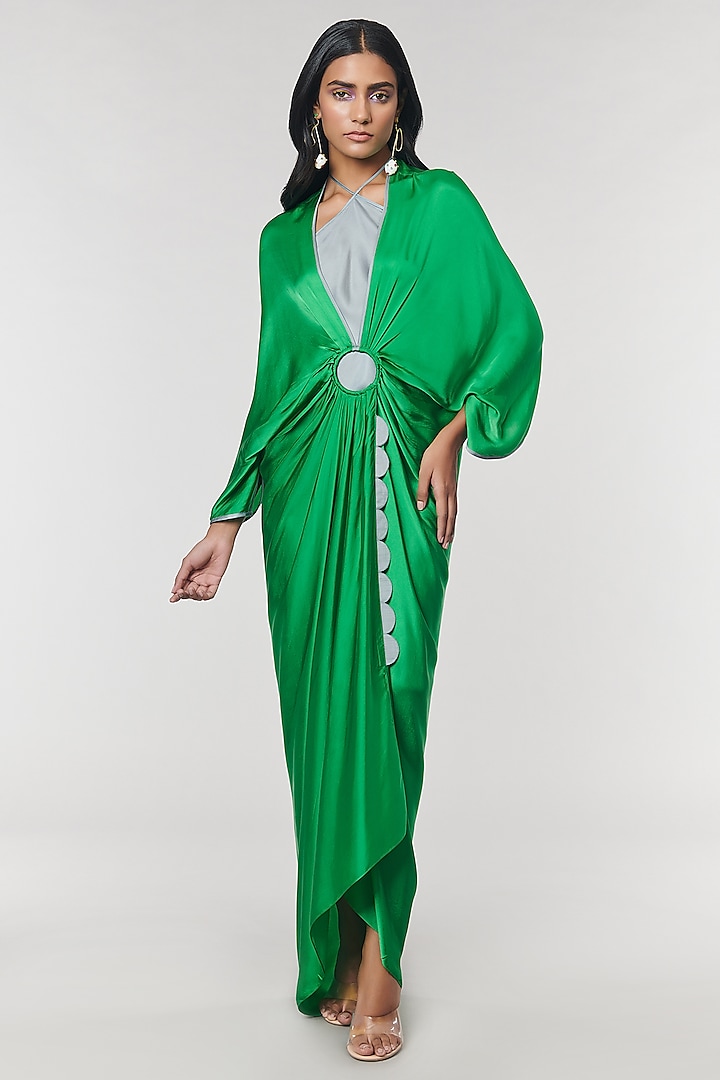 Green Scalloped Detailed Ring Gown by Amit Aggarwal X Wendell Rodricks