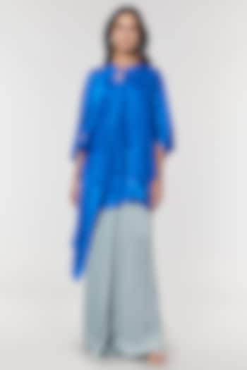 Blue Scalloped Detailed Asymmetrical Cape Top by Amit Aggarwal X Wendell Rodricks