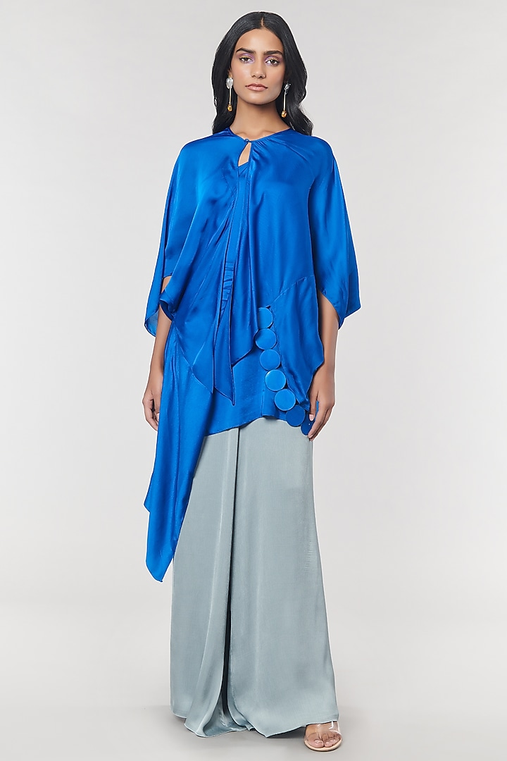Blue Scalloped Detailed Asymmetrical Cape Top by Amit Aggarwal X Wendell Rodricks
