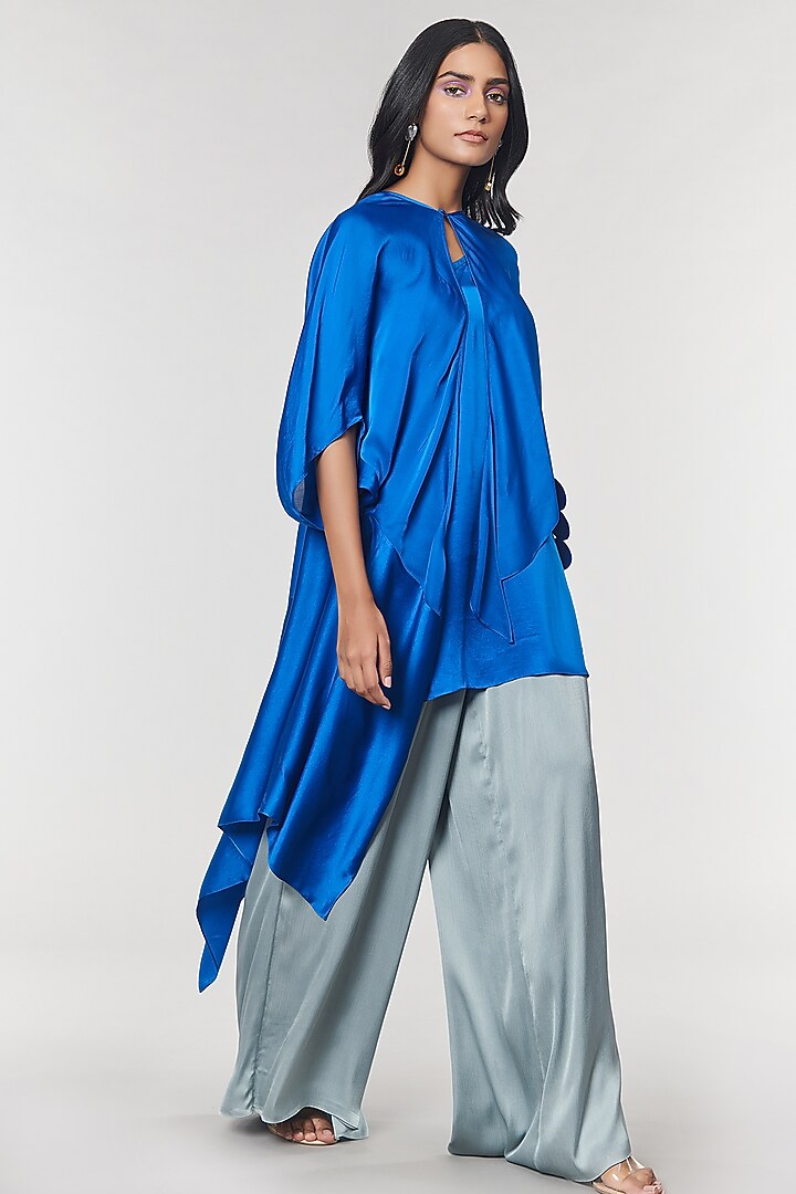 Blue Scalloped Detailed Asymmetrical Cape Top by Amit Aggarwal X Wendell Rodricks at Pernia's Pop Up Shop