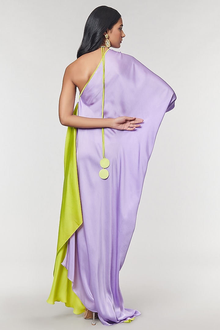 Lilac & Neon One Shoulder Ring Party Wear Gown by Amit Aggarwal X Wendell Rodricks at Pernia's Pop Up Shop