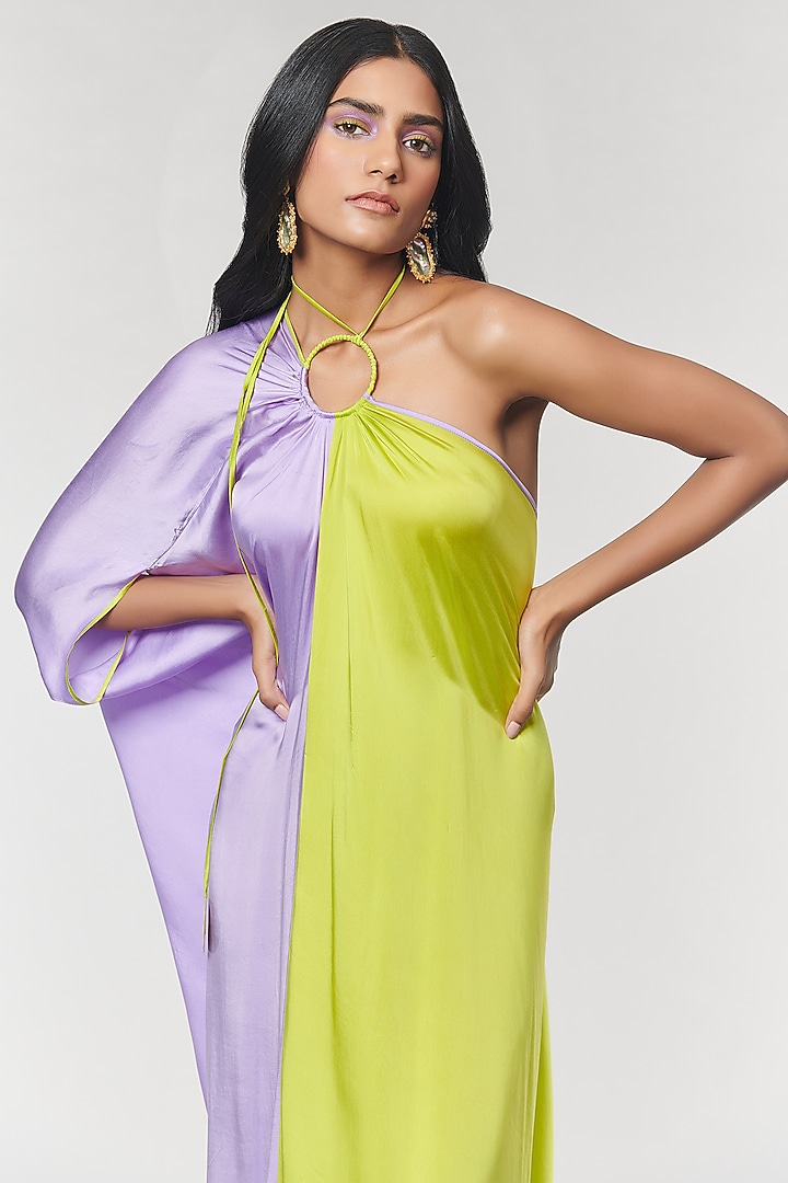 Lilac & Neon One Shoulder Ring Party Wear Gown by Amit Aggarwal X Wendell Rodricks at Pernia's Pop Up Shop