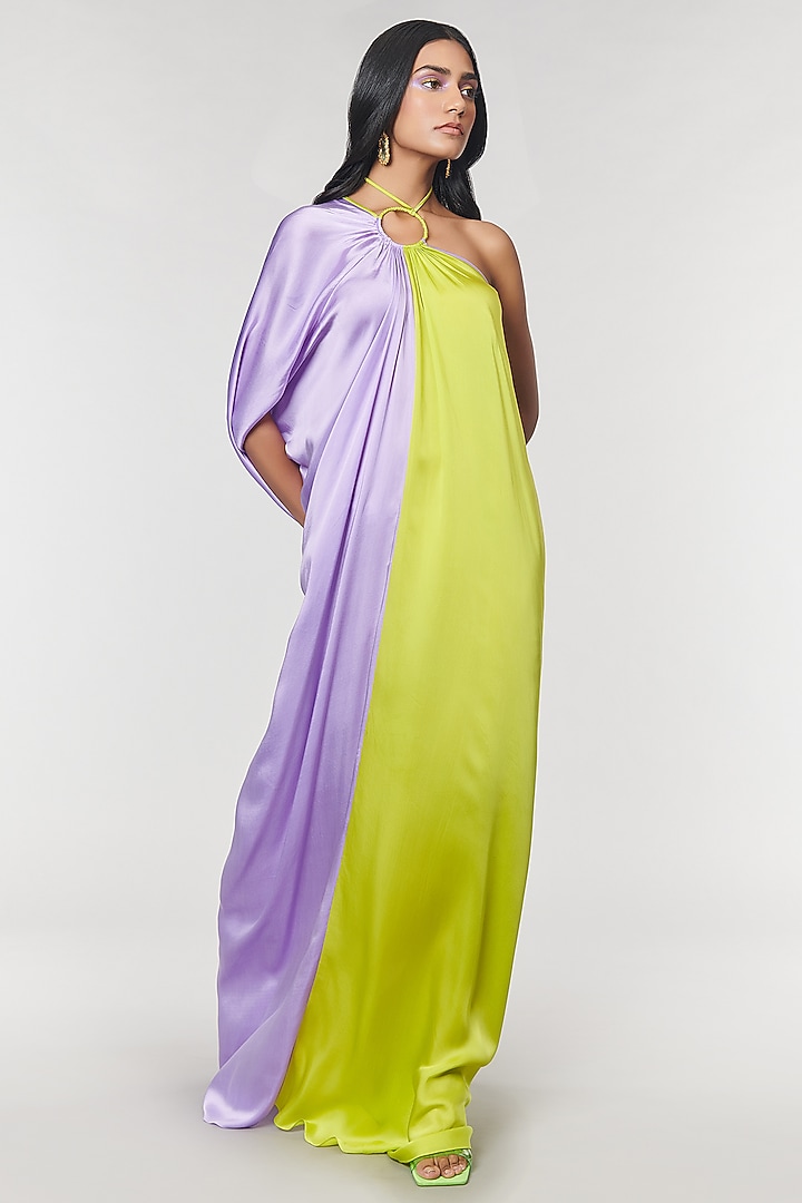 Lilac & Neon One Shoulder Ring Party Wear Gown by Amit Aggarwal X Wendell Rodricks at Pernia's Pop Up Shop