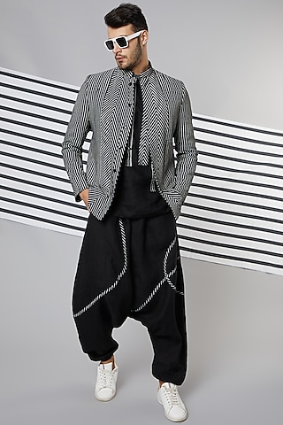 Black Linen Striped Tape Dhoti Pants by Wendell Rodricks Men
