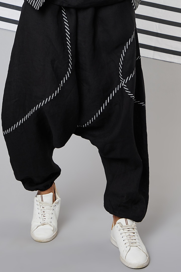 Black Linen Striped Tape Dhoti Pants by Wendell Rodricks Men at Pernia's Pop Up Shop