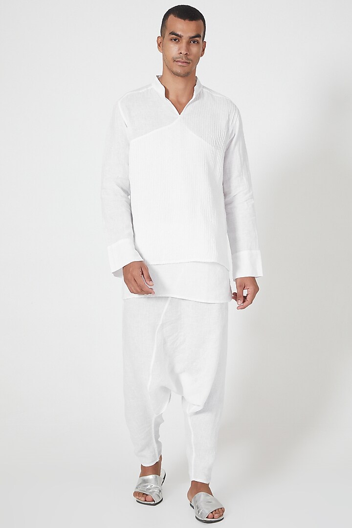 White Overlapped Tunic Shirt by Wendell Rodricks Men