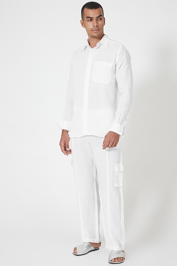 White Linen Striped Shirt by Wendell Rodricks Men