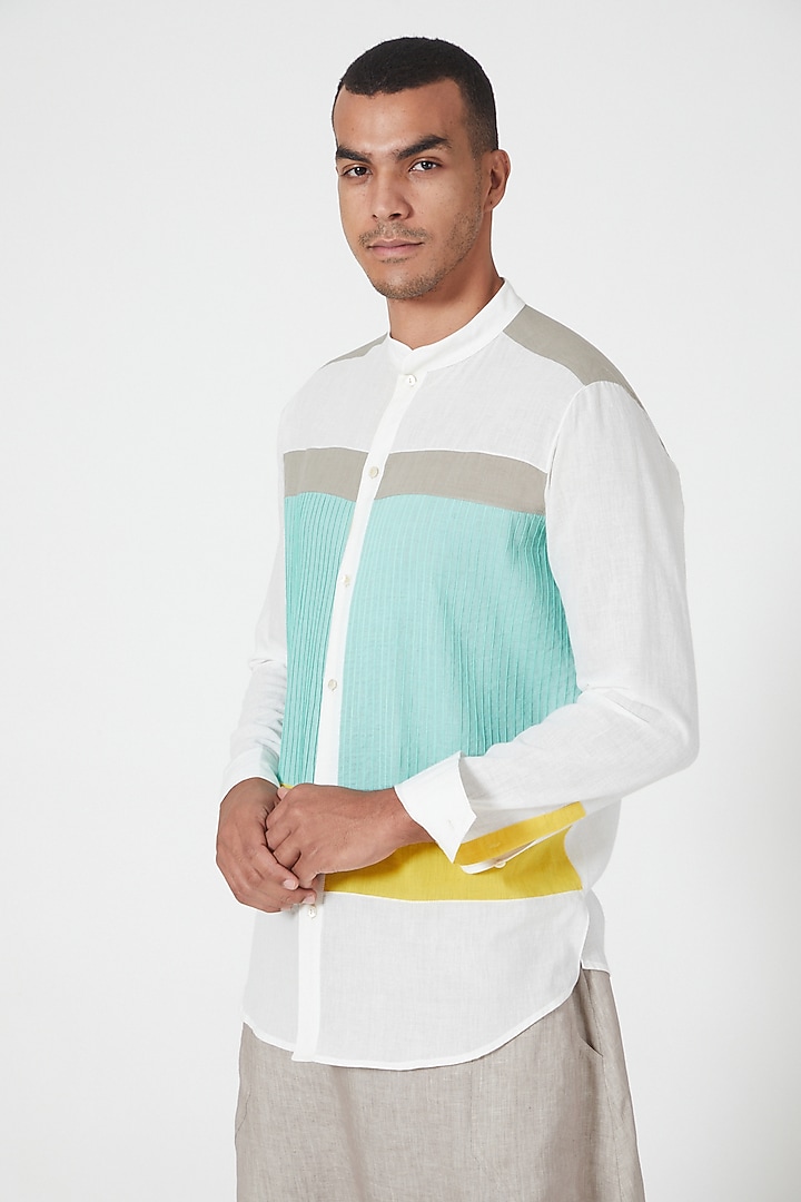 Ivory Party Wear Shirt With Color Blocking by Wendell Rodricks Men at Pernia's Pop Up Shop