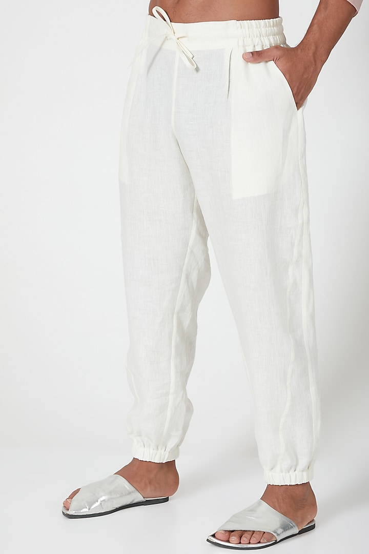 Ivory Linen Drawstring Joggers by Wendell Rodricks Men at Pernia's Pop Up Shop