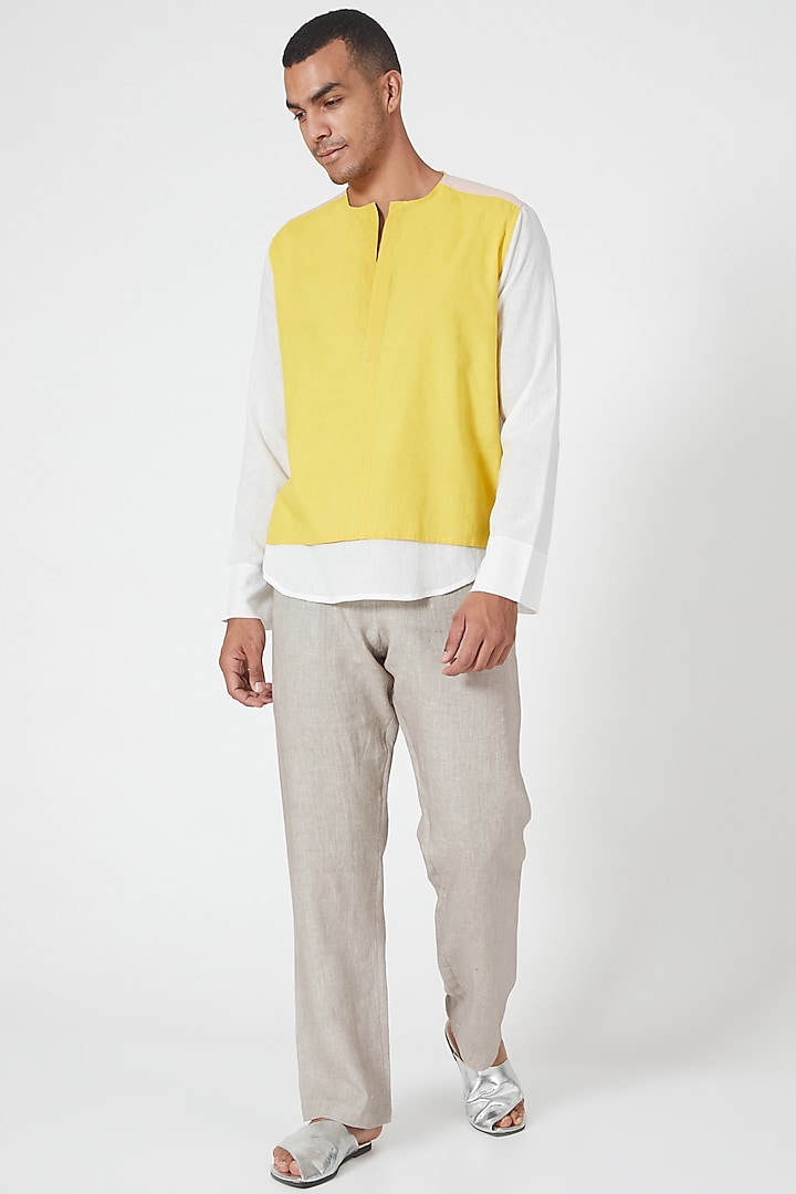 Yellow & White Cotton Tunic Shirt by Wendell Rodricks Men