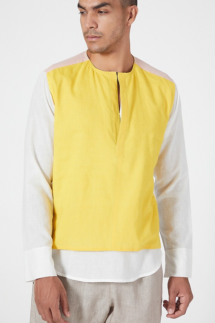 Yellow & White Cotton Tunic Party Wear Shirt by Wendell Rodricks Men at Pernia's Pop Up Shop
