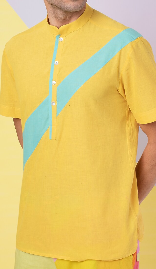 Yellow Party Wear Shirt With Mint Patch by Wendell Rodricks Men at Pernia's Pop Up Shop