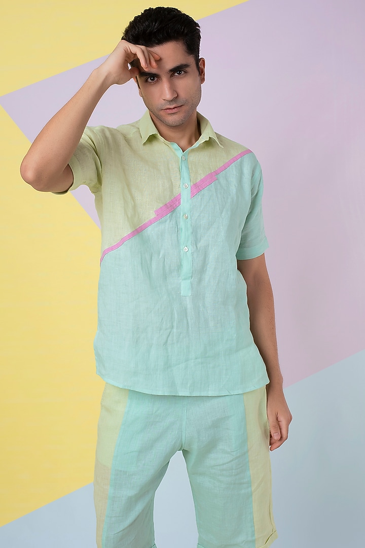 Lettuce Green & Seafoam Half N Half Co-Ord Set by Wendell Rodricks Men at Pernia's Pop Up Shop