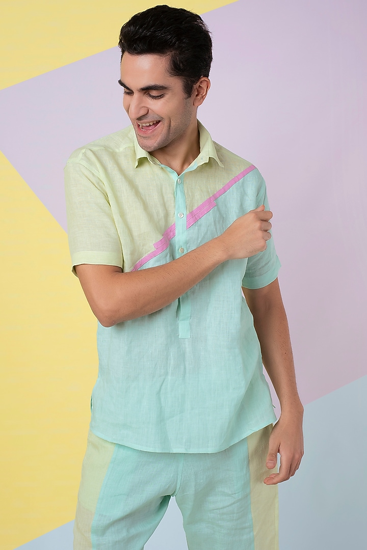 Lettuce Green & Seafoam Half N Half Party Wear Shirt by Wendell Rodricks Men at Pernia's Pop Up Shop