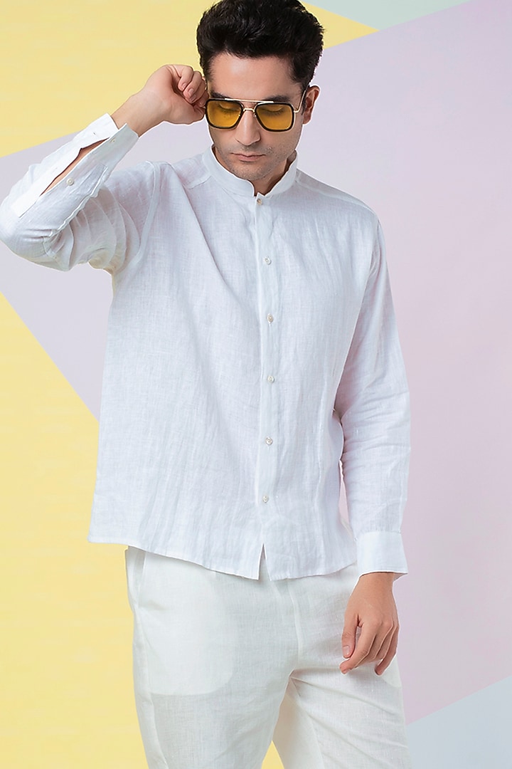 White Band Collar Linen Shirt & Short Co-ord Set by Wendell Rodricks Men at Pernia's Pop Up Shop