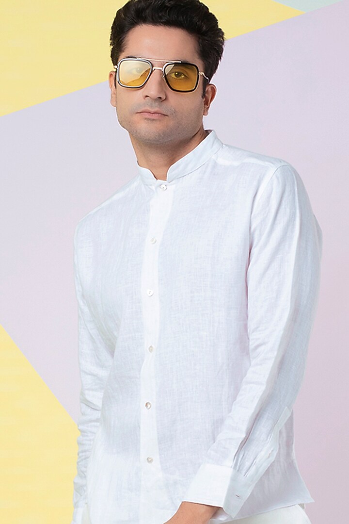 White Band Collar Party Wear Shirt by Wendell Rodricks Men at Pernia's Pop Up Shop