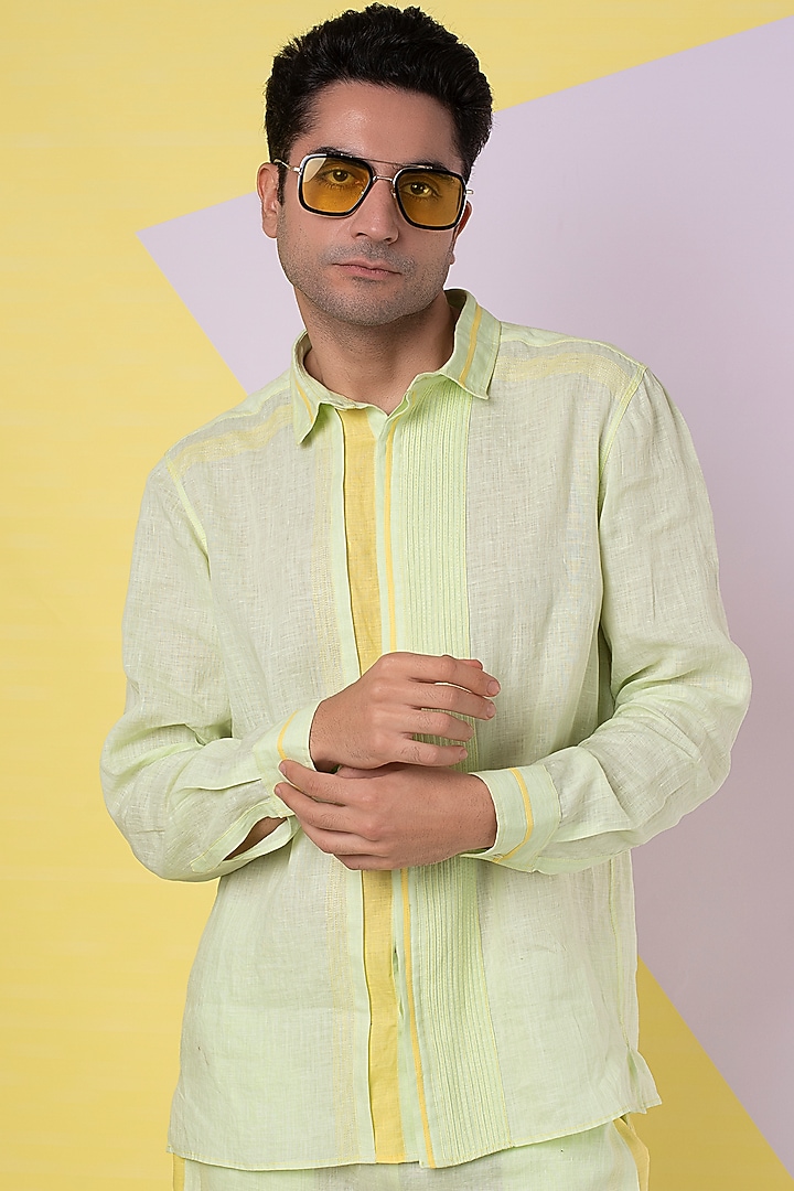 Lettuce Green Linen Party Wear Shirt by Wendell Rodricks Men at Pernia's Pop Up Shop