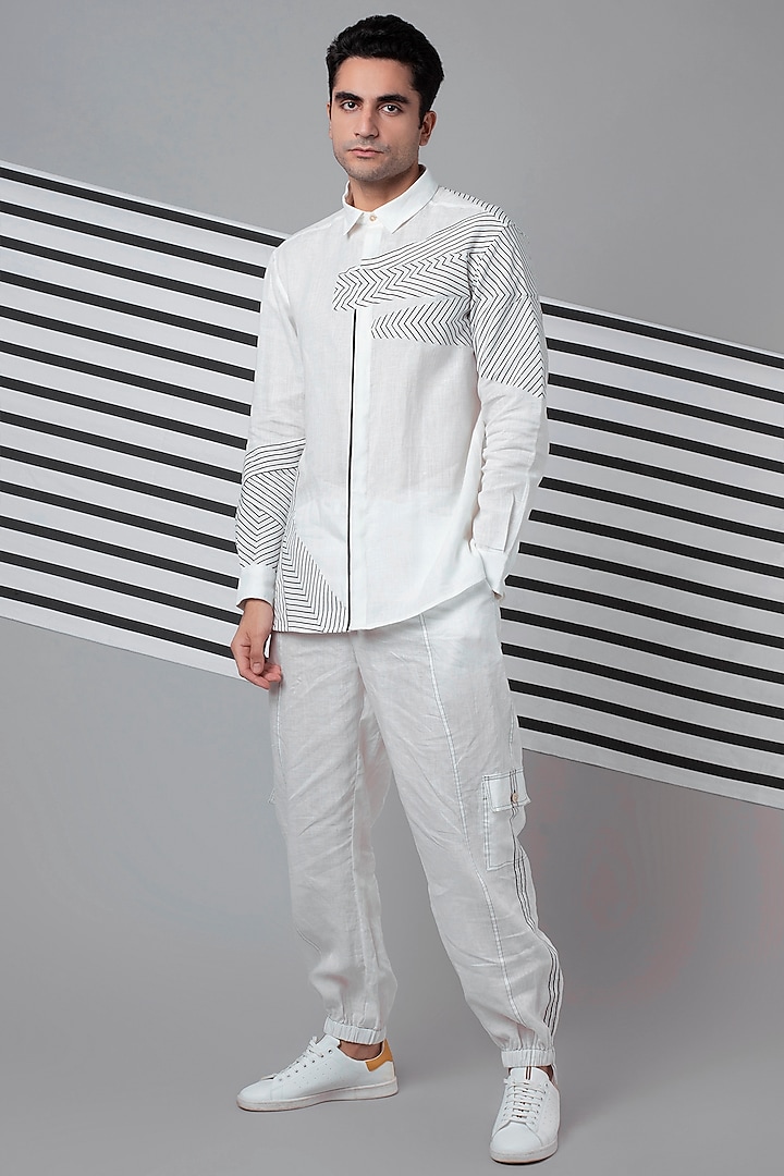 White Monochrome Patchwork Shirt & Jogger Co-Ord Set by Wendell Rodricks Men