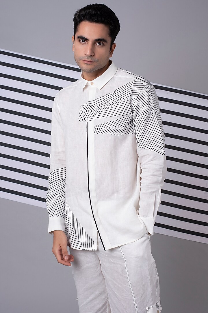 White Monochrome Patchwork Party Wear Shirt by Wendell Rodricks Men at Pernia's Pop Up Shop