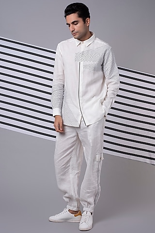 White Striped Tape Jogger Pants by Wendell Rodricks Men
