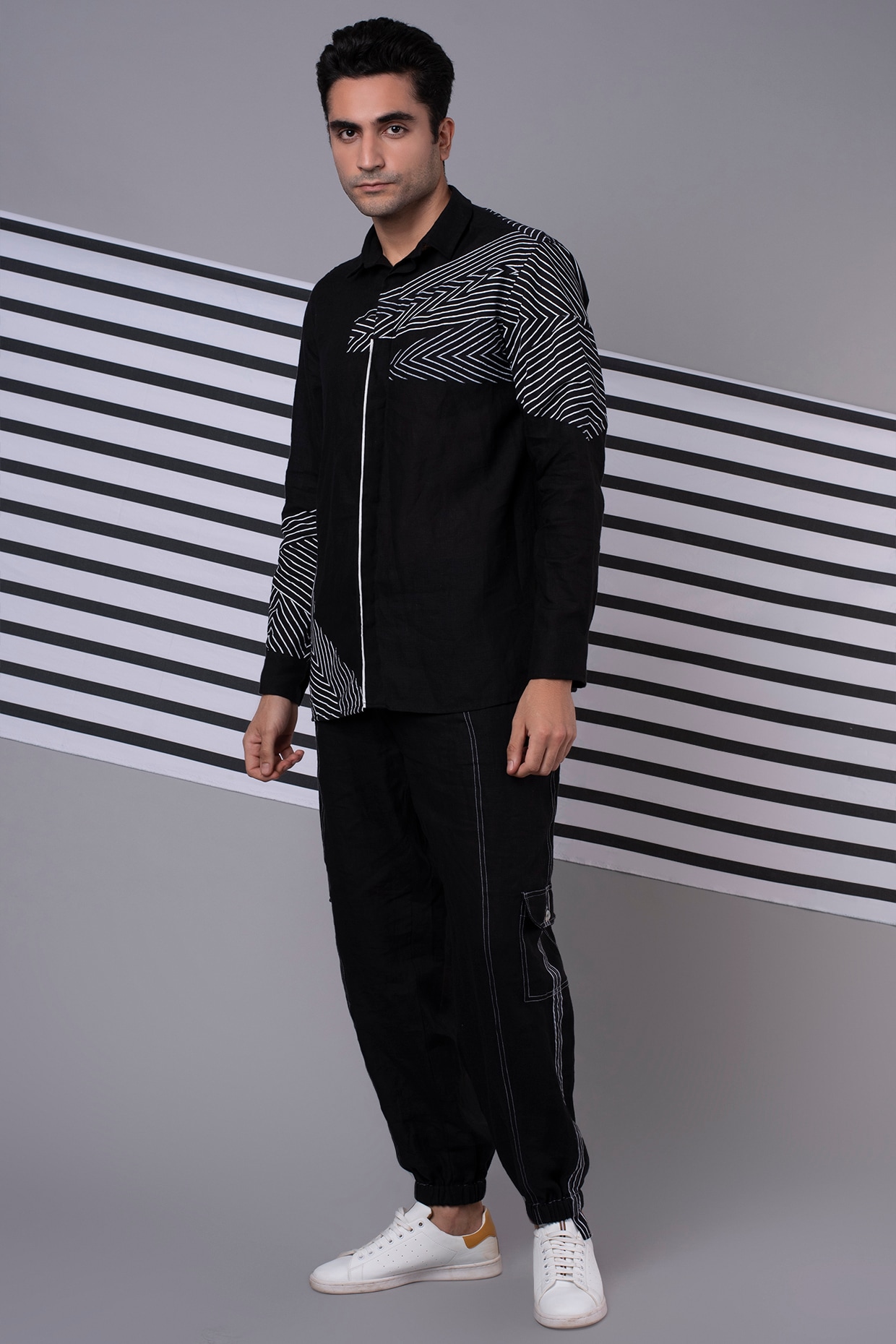 Black Monochrome Patchwork Shirt Jogger Co Ord Set Design by