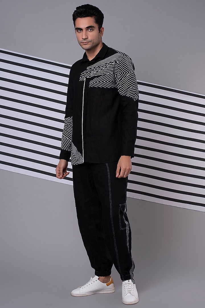 Black Monochrome Patchwork Shirt & Jogger Co-Ord Set by Wendell Rodricks Men