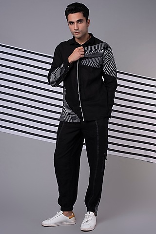 Black Monochrome Patchwork Shirt by Wendell Rodricks Men