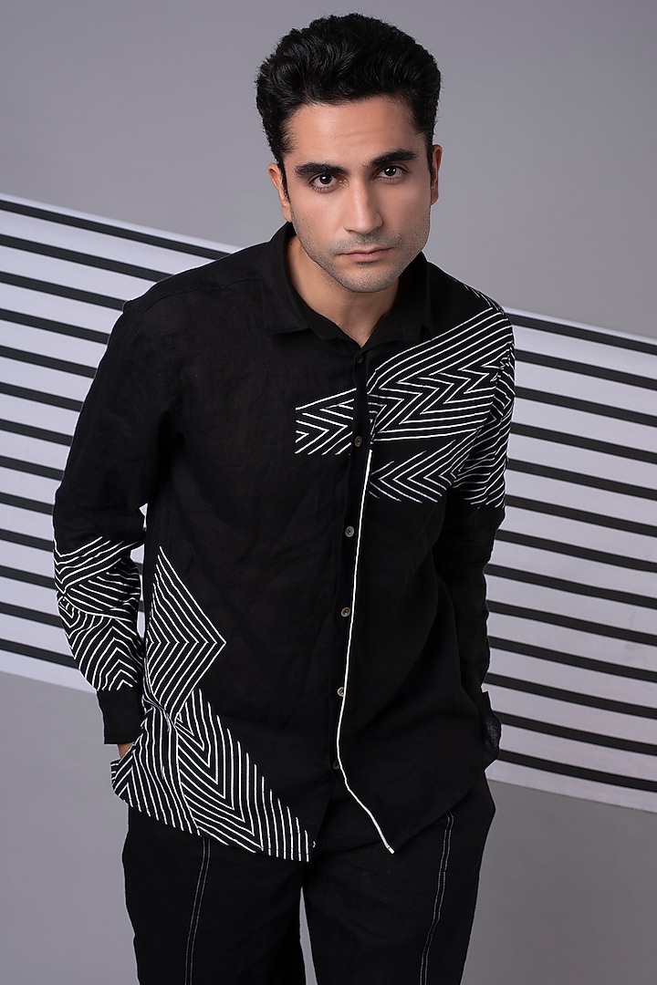 Black Monochrome Patchwork Party Wear Shirt by Wendell Rodricks Men at Pernia's Pop Up Shop