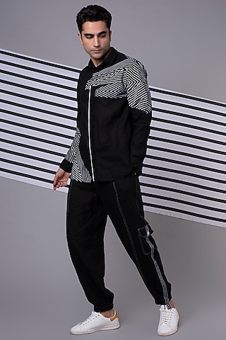 Black Striped Tape Jogger Pants by Wendell Rodricks Men