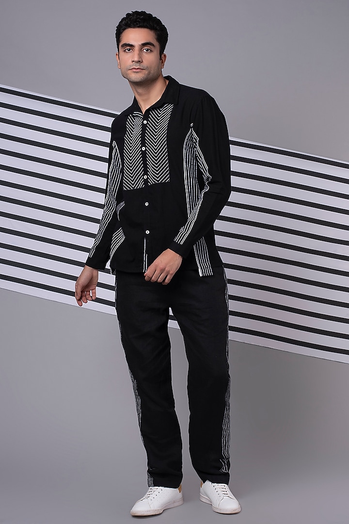 Black Striped Panelled Shirt & Pant Co-Ord Set by Wendell Rodricks Men