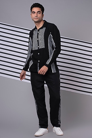 Black Striped Panelled Shirt & Pant Co-Ord Set by Wendell Rodricks Men