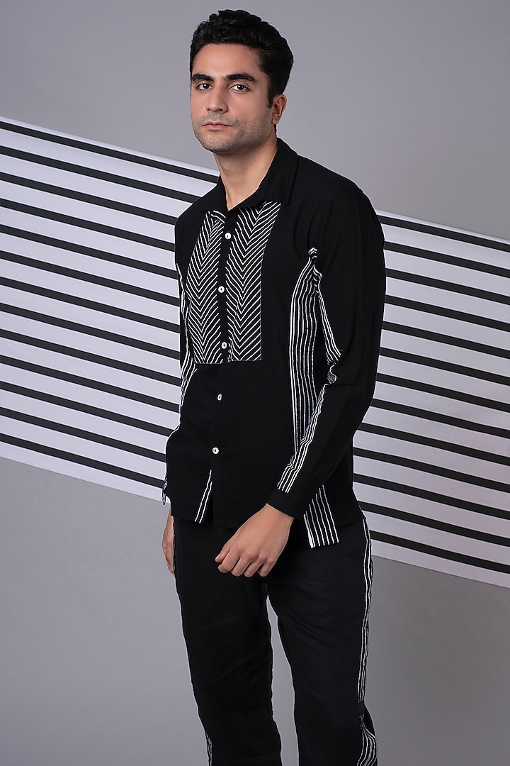 Black Striped Panelled Shirt & Pant Co-Ord Set by Wendell Rodricks Men at Pernia's Pop Up Shop