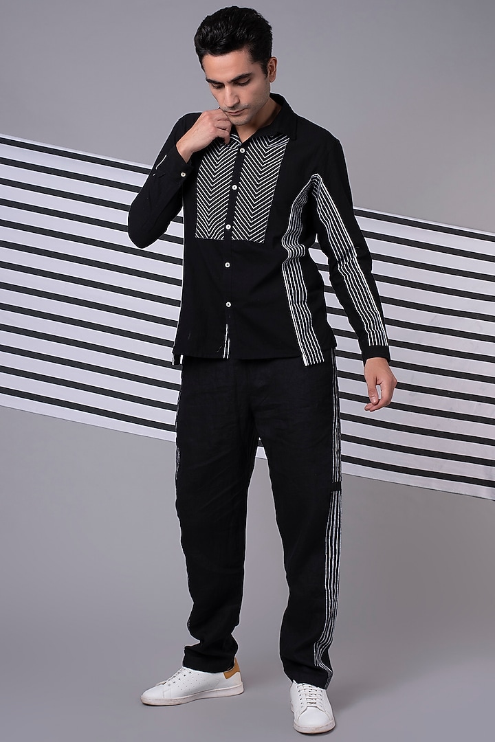 Black Striped Panelled Party Wear Shirt by Wendell Rodricks Men at Pernia's Pop Up Shop