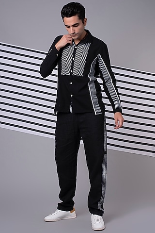 Black Striped Panelled Shirt by Wendell Rodricks Men