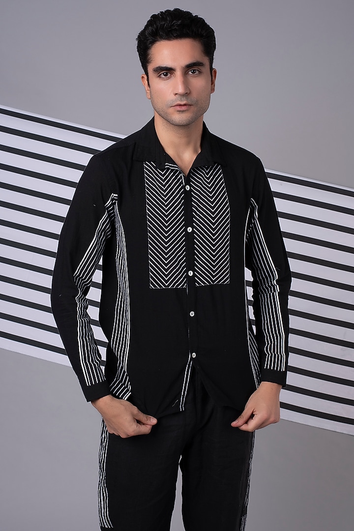 Black Striped Panelled Party Wear Shirt by Wendell Rodricks Men at Pernia's Pop Up Shop