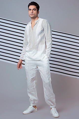 White Striped Yoke Shirt by Wendell Rodricks Men
