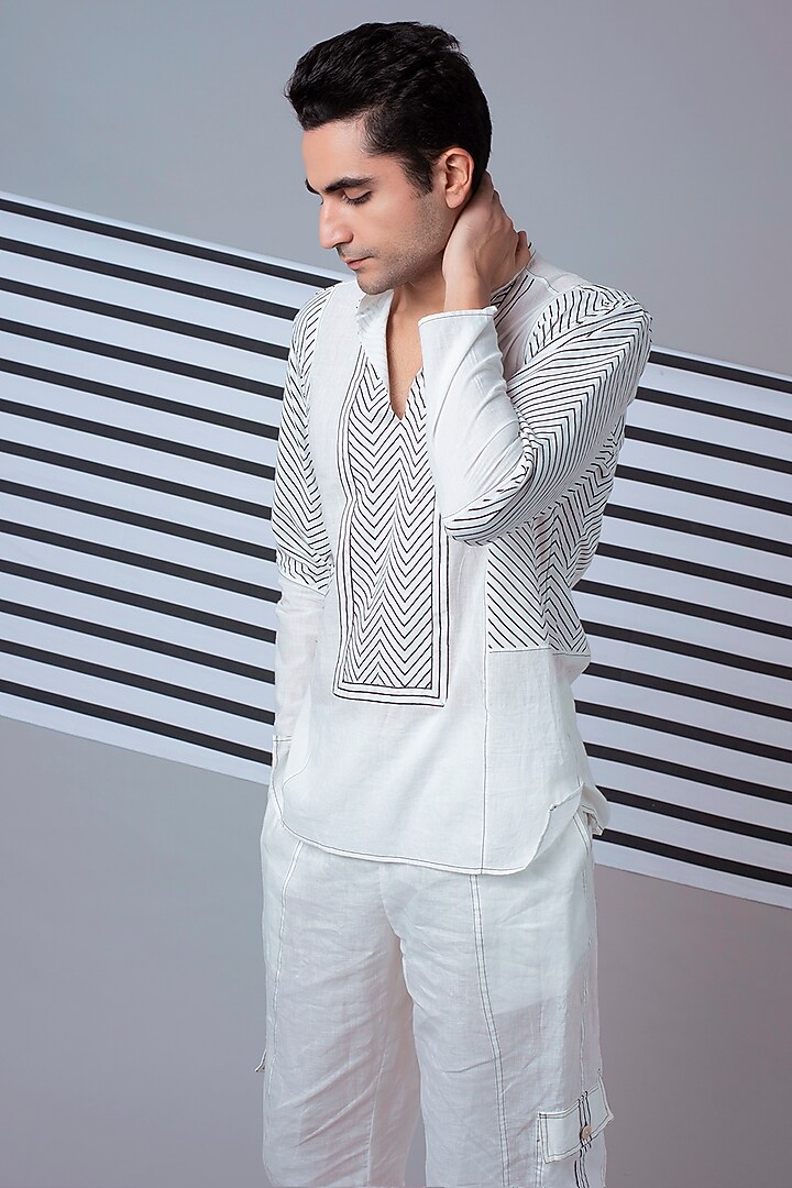White Striped Yoke Party Wear Shirt by Wendell Rodricks Men at Pernia's Pop Up Shop