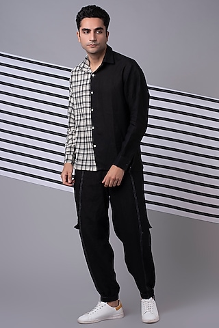 White Checkered Half N Half Shirt by Wendell Rodricks Men