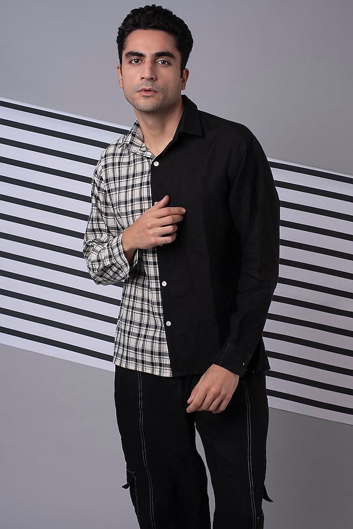 White Checkered Half N Half Party Wear Shirt by Wendell Rodricks Men at Pernia's Pop Up Shop