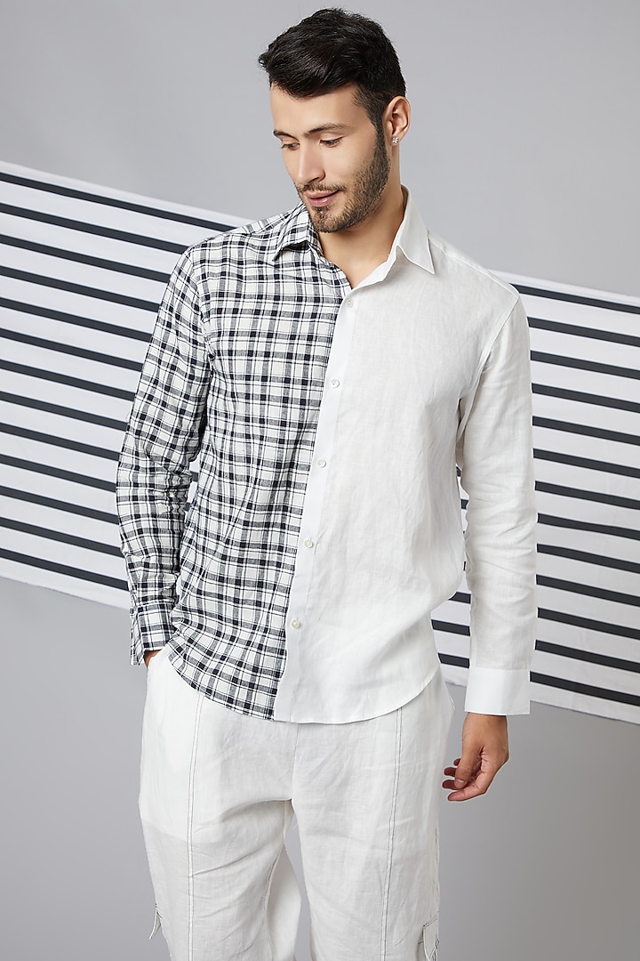 Black & White Cotton Checkered Printed Party Wear Shirt by Wendell Rodricks Men at Pernia's Pop Up Shop