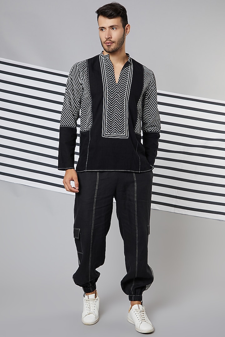 Black Cotton Stripes Printed Shirt by Wendell Rodricks Men at Pernia's Pop Up Shop