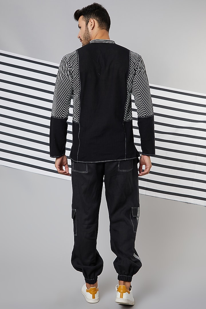 Black Cotton Stripes Printed Party Wear Shirt by Wendell Rodricks Men at Pernia's Pop Up Shop