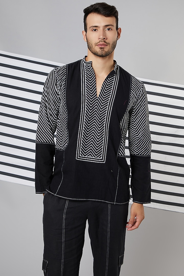 Black Cotton Stripes Printed Party Wear Shirt by Wendell Rodricks Men at Pernia's Pop Up Shop
