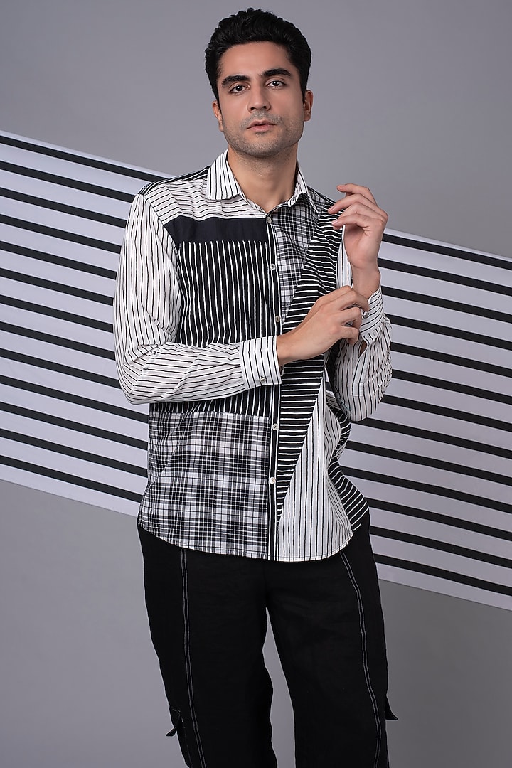 White Checkered Mix Patchwork Party Wear Shirt by Wendell Rodricks Men at Pernia's Pop Up Shop