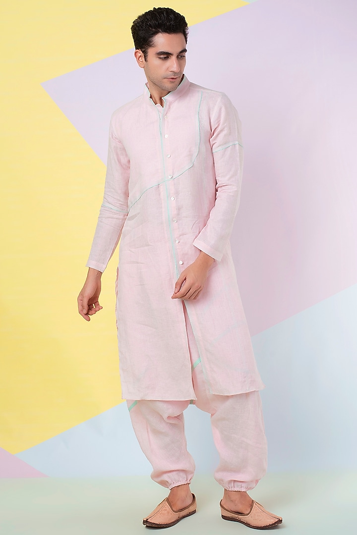 Pink Piped Kurta Set by Wendell Rodricks Men